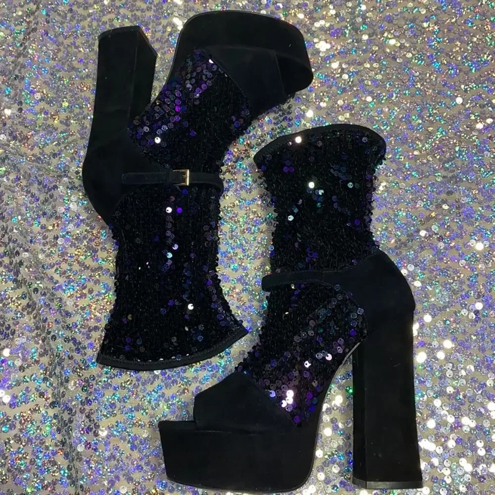 Shelly’s London • Haimi Iridescent Sequin Sock Bootie Platforms